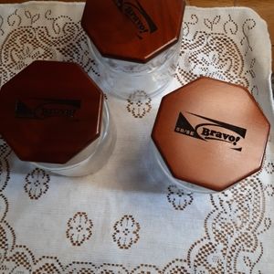 3 clear storage jars with octogonal wooden BRAVO  lids